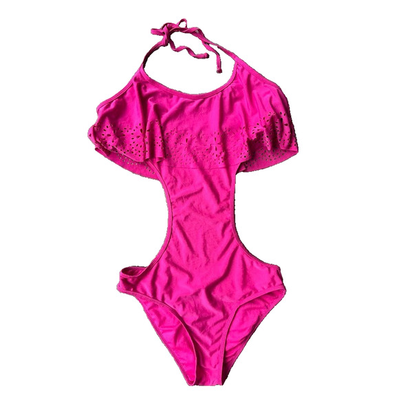 YMI Pink One Piece Swimsuit Womens L Ruffle Backless Tie Halter Sexy Swim Beach - Picture 1 of 5